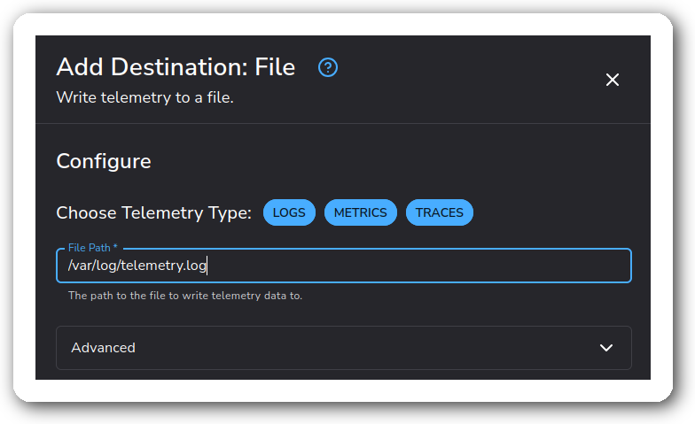 Basic File destination configuration with File Path set to /var/log/telemetry.log and default settings