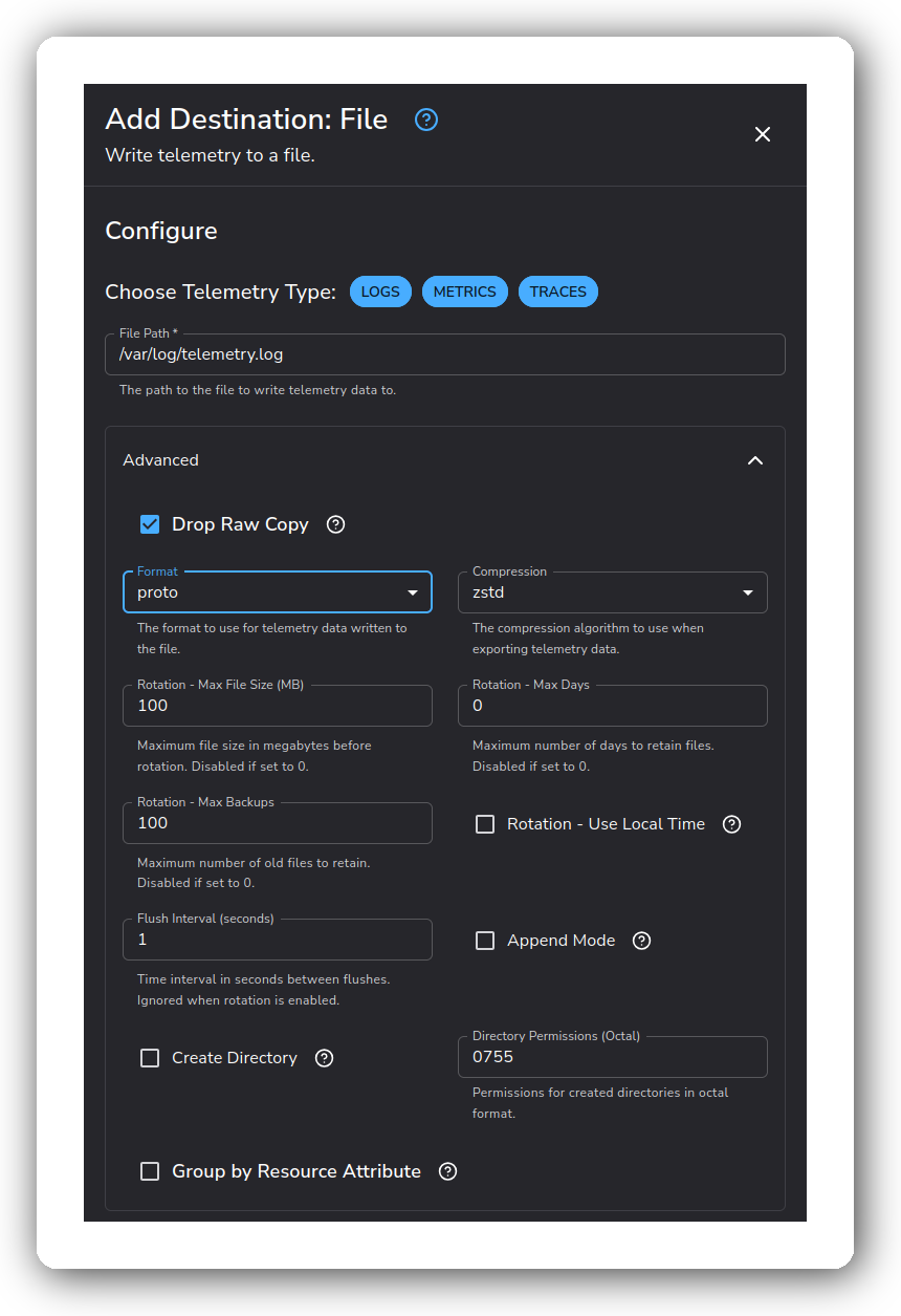 File destination using proto format with zstd compression