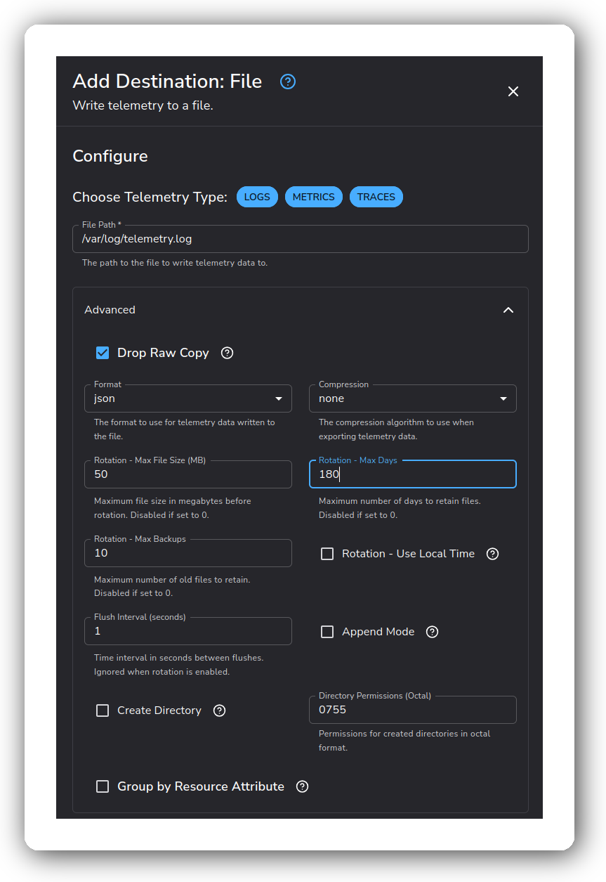 File destination with max file size of 50 MB and 10 backups enabled