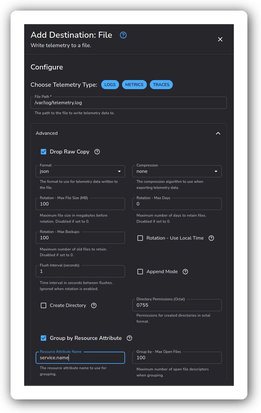 File destination with grouping enabled by service.name attribute