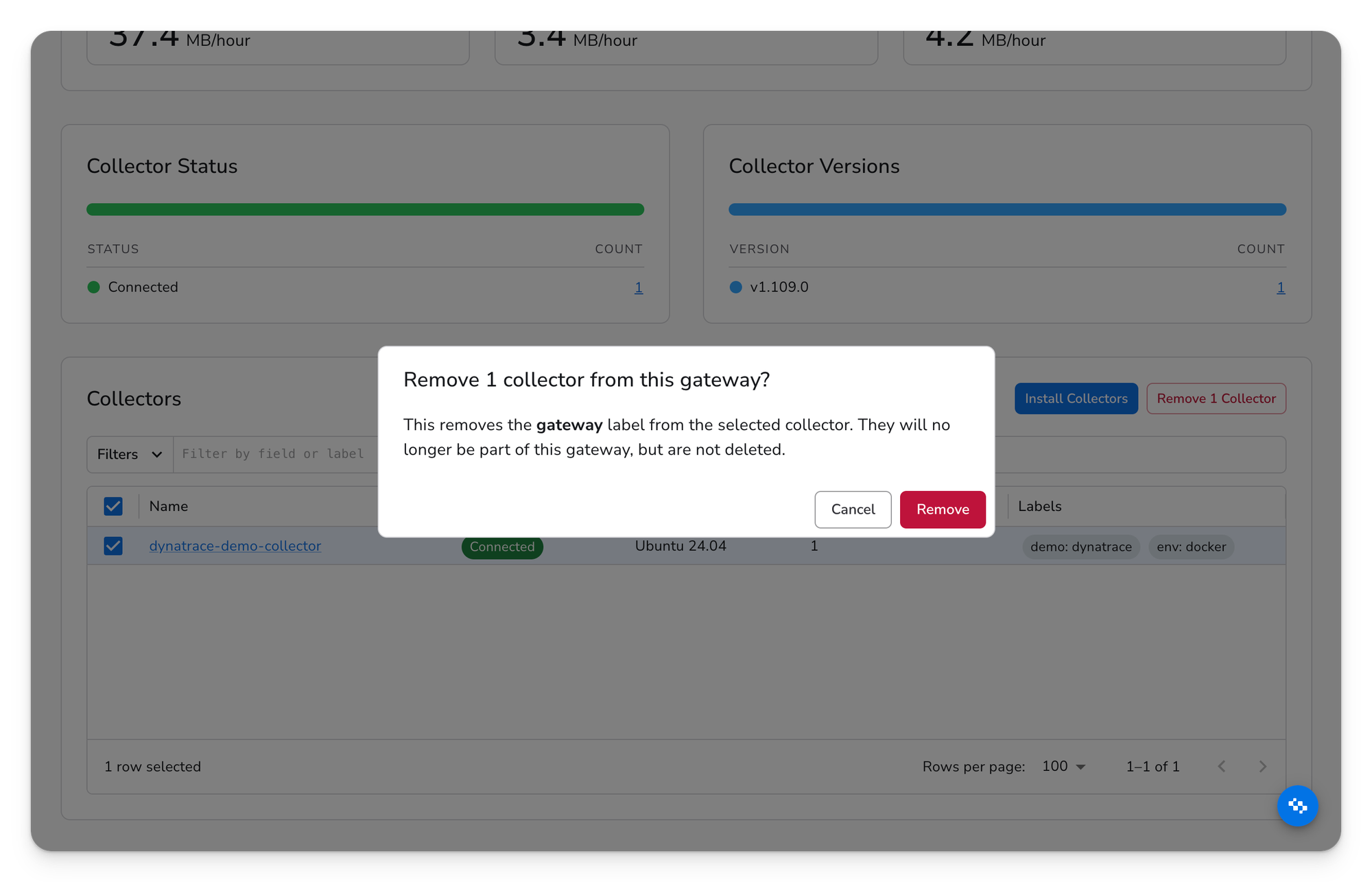Remove collector confirmation dialog on a Gateway page, explaining that the gateway label is removed from the selected collector