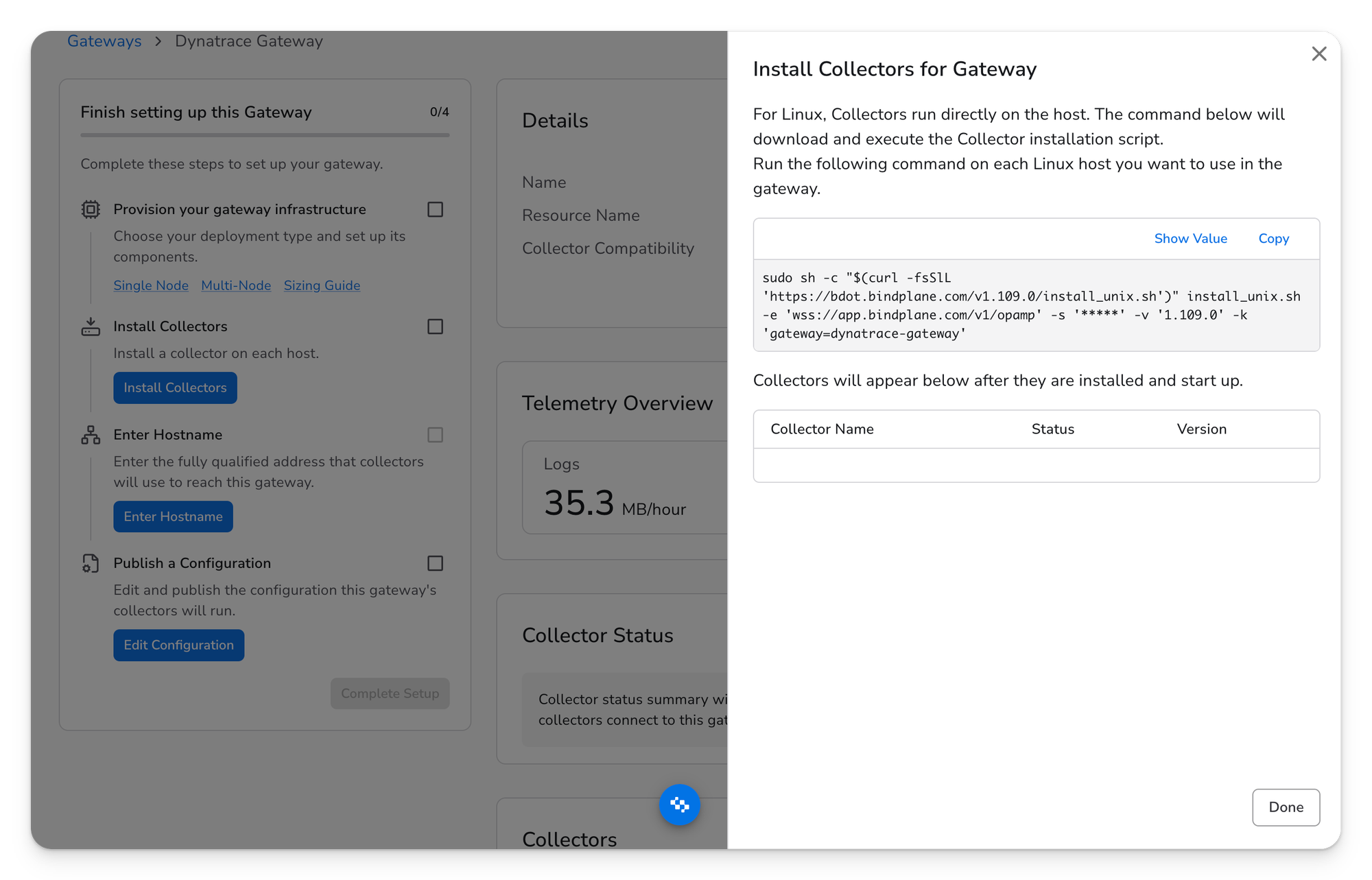 Install Collectors for Gateway drawer with a Linux install command that sets the gateway label, and a table where new collectors appear