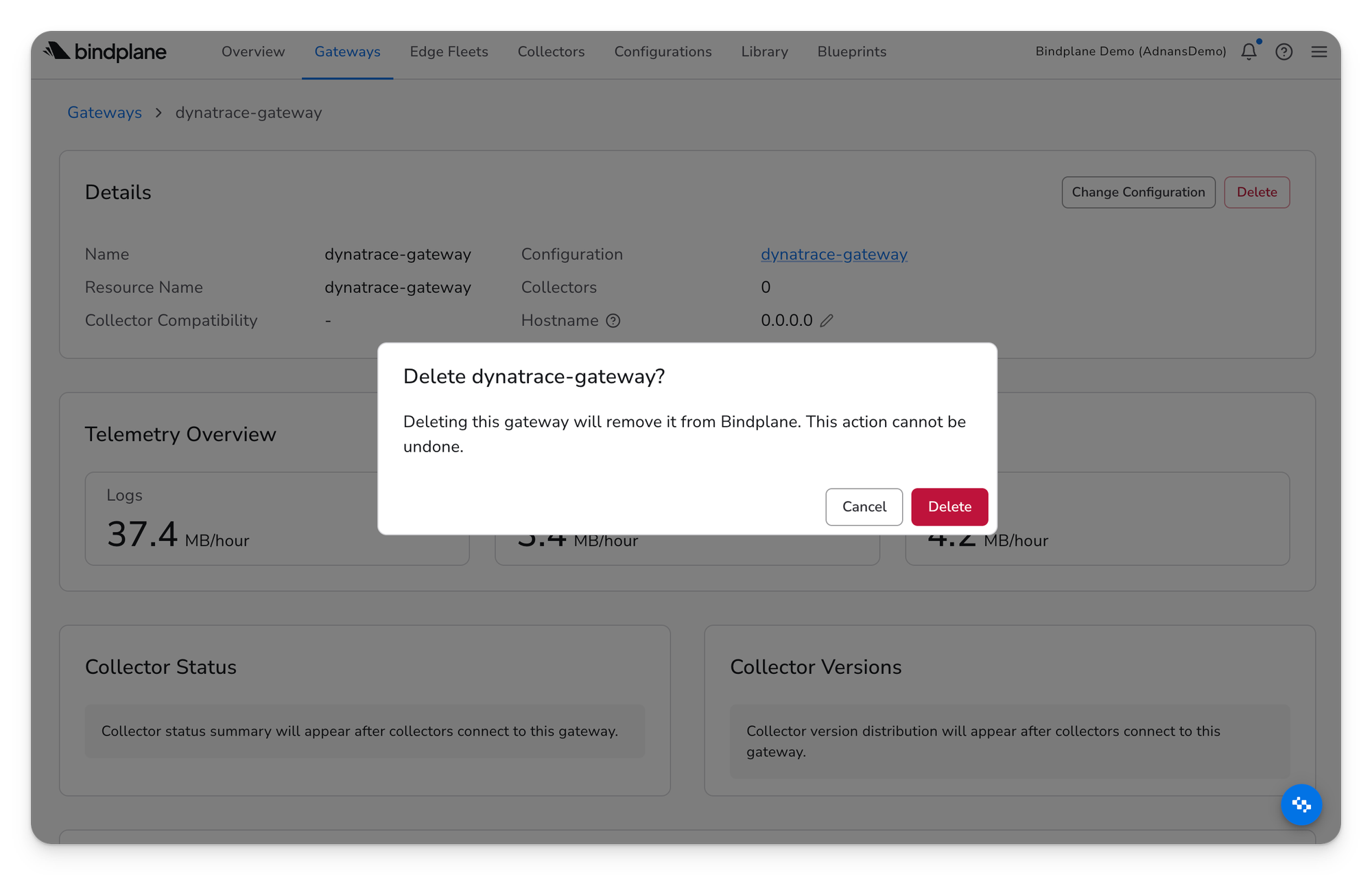 Delete gateway confirmation dialog warning that the action cannot be undone