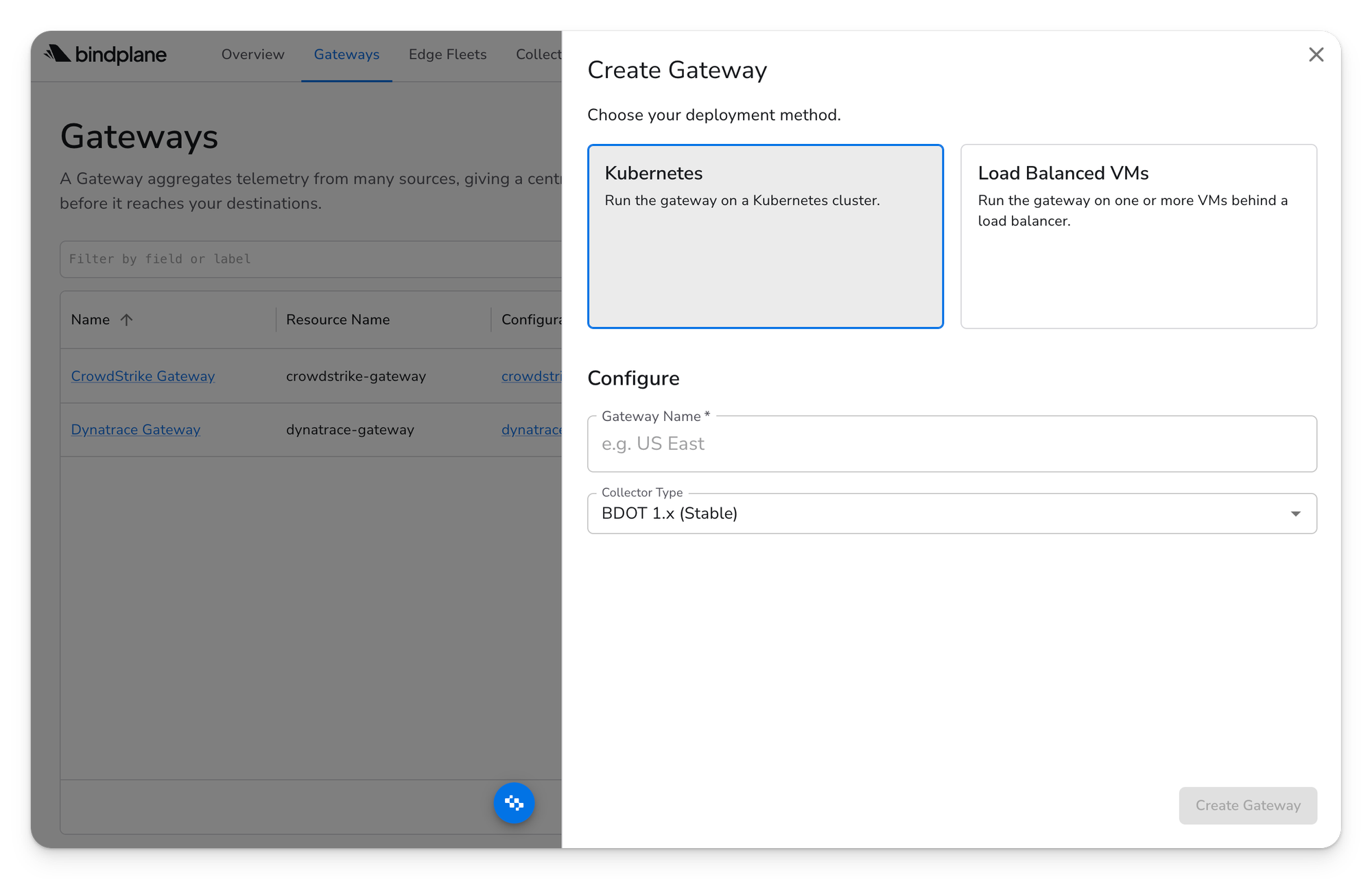 Create Gateway drawer with Kubernetes selected, showing the Gateway Name and Collector Type fields