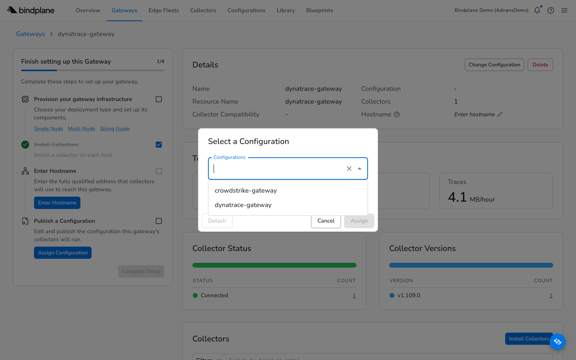Select a Configuration dialog on a Gateway page, with gateway configurations listed in the Configurations dropdown and Detach, Cancel, and Assign buttons
